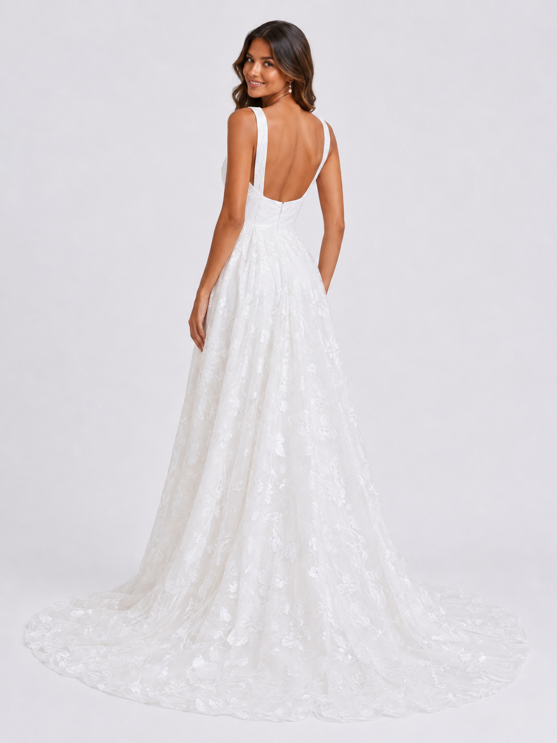 Elegant V-Neck Lace A-Line Wedding Dress with High Slit and Chapel Train