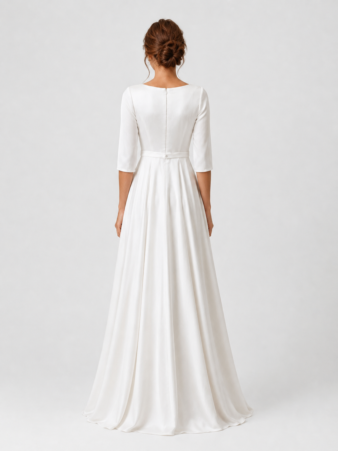 Elegant Boat Neck Satin A-Line Wedding Dress with Half Sleeves and Sweep Train