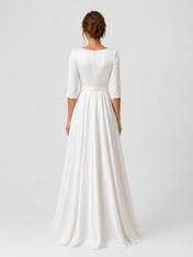 Elegant Boat Neck Satin A-Line Wedding Dress with Half Sleeves and Sweep Train