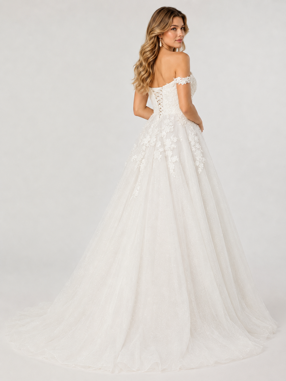 Elegant Off-the-Shoulder Lace Applique Tulle A-Line Wedding Dress with Corset Back and Chapel Train