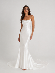 Elegant Spaghetti Strap Cowl Neck Satin Sheath Wedding Dress with Bow Back and Sweep Train