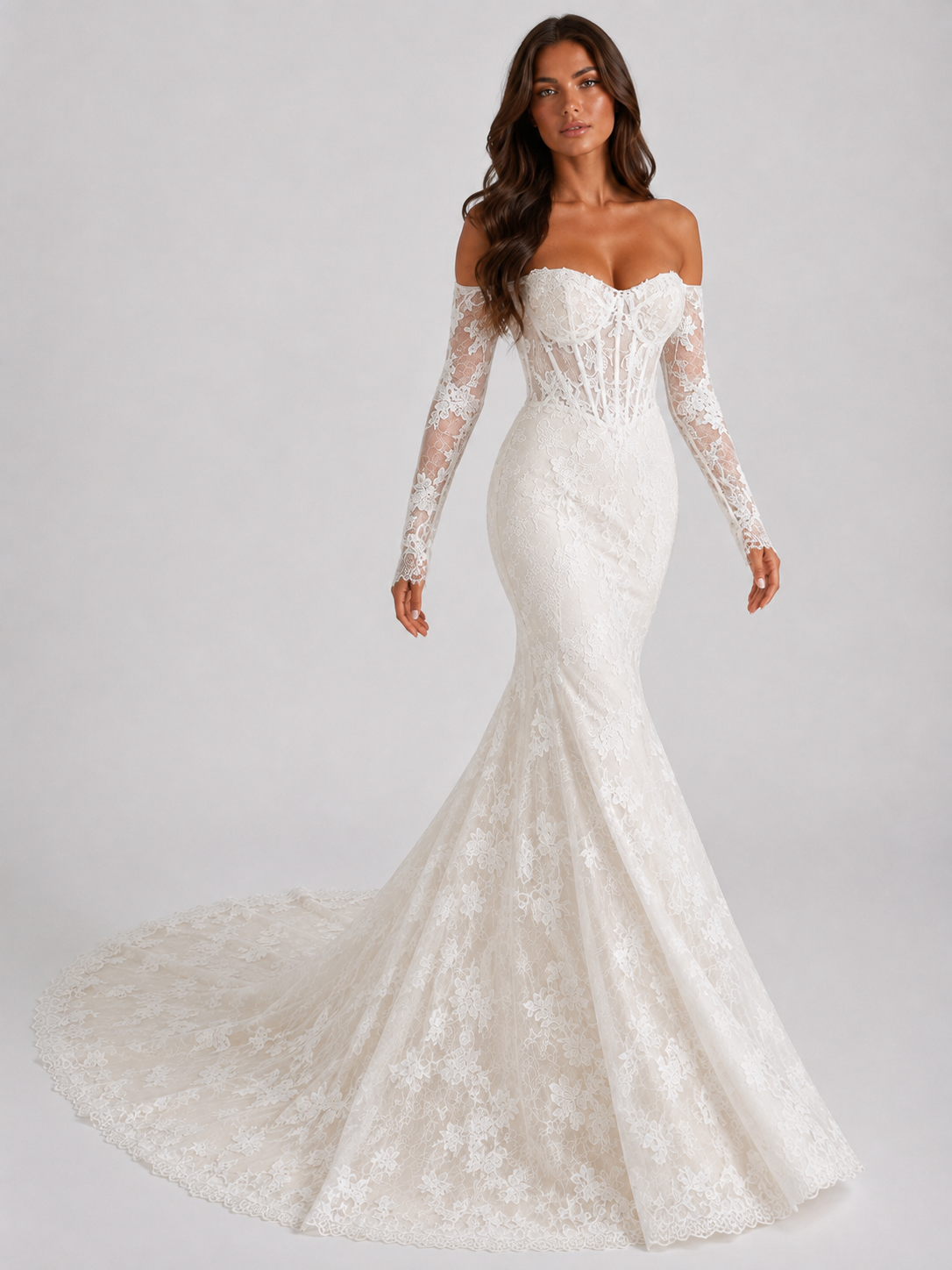 Elegant Off-the-Shoulder Sweetheart Lace Appliqué Mermaid Wedding Dress with Chapel Train