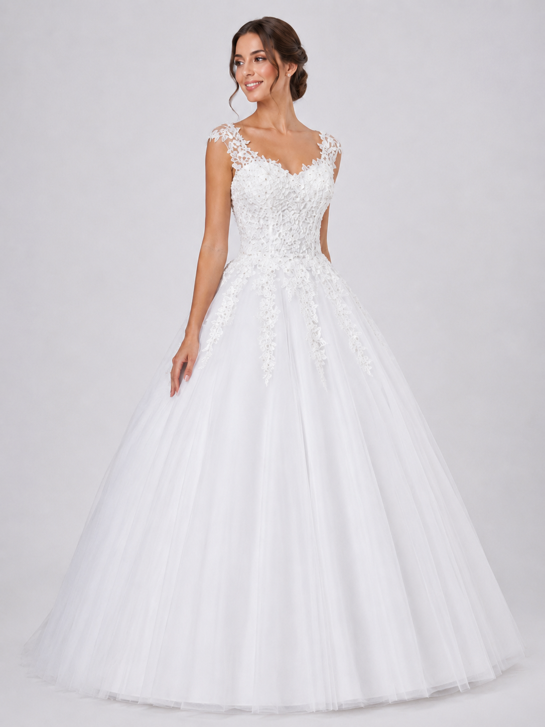 Elegant Lace Appliqued Tulle A-Line Wedding Dress with Scoop Back and Sweep Train