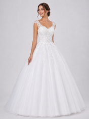 Elegant Lace Appliqued Tulle A-Line Wedding Dress with Scoop Back and Sweep Train