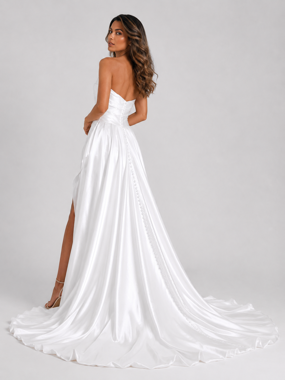 Elegant Strapless Ruched Satin A-Line Wedding Dress with High Slit and Chapel Train