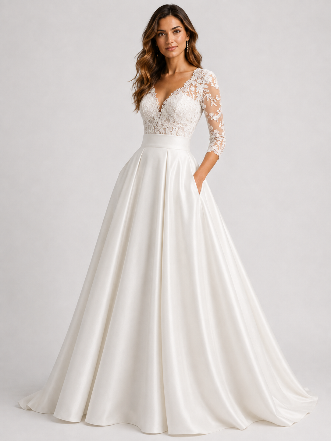 Elegant Lace Applique V-Neck Satin A-Line Wedding Dress with Sweep Train