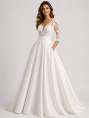Elegant Lace Applique V-Neck Satin A-Line Wedding Dress with Sweep Train