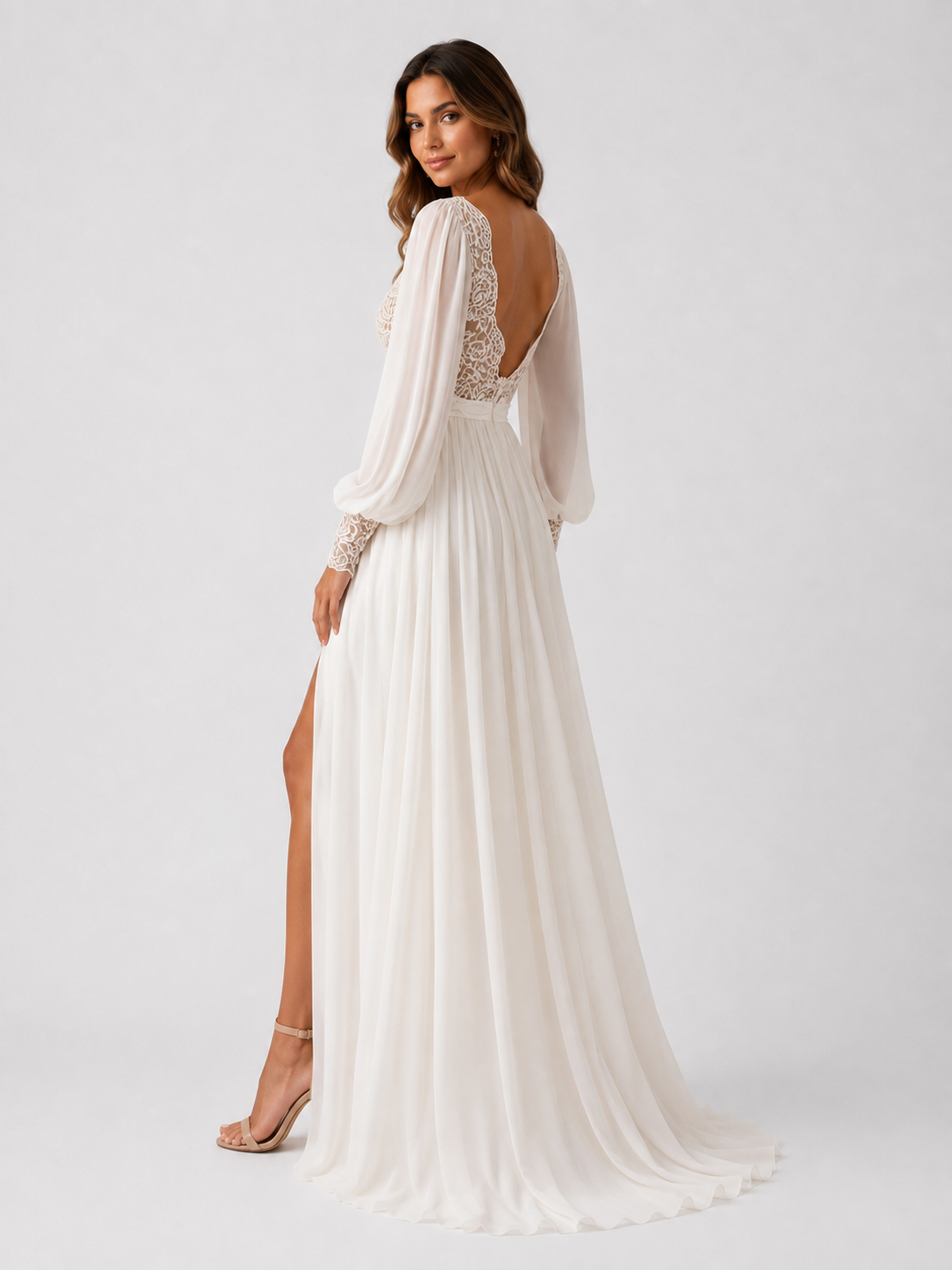 Elegant Lace Applique Long Sleeve A-Line Wedding Dress with Sweep Train