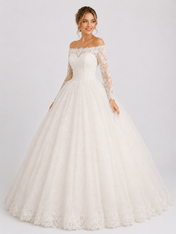 Elegant Off-the-Shoulder Long Sleeve Lace Applique A-Line Wedding Dress with Chapel Train