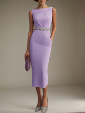 Semi-Formal Dress Purple Boat Neck Sleeveless Pockets Fomal Dresses