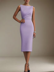 Wedding Guest Dress Purple Sleeveless Rhinestone Fit Tea-Length Dresses