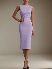 Wedding Guest Dress Purple Sleeveless Rhinestone Fit Tea-Length Dresses