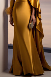 Evening Formal Gold Satin Dress V Neck Long Sleeve Cape Maxi Gown