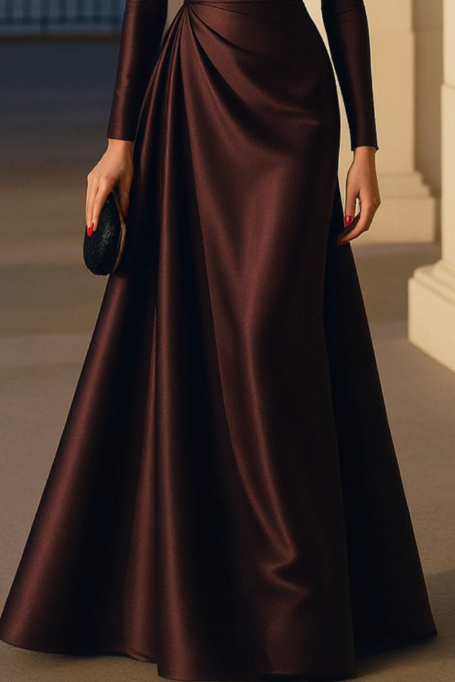 Evening Formal Burgundy Dress Asymmetrical Neck Long Sleeve Maxi Gown