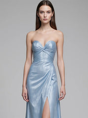 Graduation Party Spaghetti Strap Dress Blue Glossy High Slit Floor-Length Dress