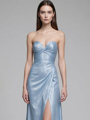 Graduation Party Spaghetti Strap Dress Blue Glossy High Slit Floor-Length Dress