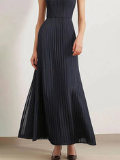 Party Daily Pleated Dress Halter Black Sleeveless Maxi Dress