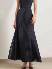 Party Daily Pleated Dress Halter Black Sleeveless Maxi Dress