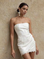Party Dress Off Shoulder Irregular Hem Lace Trim Short Skirt