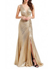 Formal Evening Gold Dress Pleated Sleeveless Metallic V-Neck Slit Floor-Length Dress