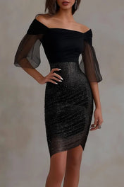 Cocktail Party Dress Off Shoulder Ruched Sequin Mesh Bodycon Mini Dress