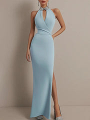 Wedding Guest Dress Light Blue Halter Neck Sleeveless Side Slit Maxi Dress