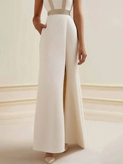Semi-Formal Party Dress Beige Sleeveless Pocketed Side Slit Maxi Dress