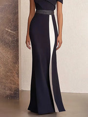 Formal Off-Shoulder Dress Black and White Colorblock Maxi Dress