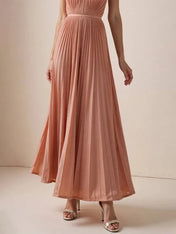 Wedding Guest Casual Dress Light Pink Halter Neck Pleated Maxi Dress