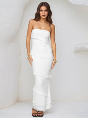 White Lace Off the Shoulder Sleeveless Ankle Length Sheath Dress with Ruffles