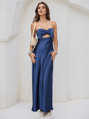 Royal Blue Satin Sweetheart Neckline Sleeveless Open Back Ankle Length Sheath Dress