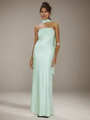 Mint Green Satin Halter Neck Sleeveless Floor Length Formal Dress