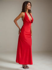 Red Satin Halter Neck Ankle Length Sleeveless Open Back Formal Dress