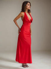 Red Satin Halter Neck Ankle Length Sleeveless Open Back Formal Dress