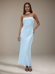 Sky Blue Satin Halter Neck Sleeveless Floor Length Formal Dress