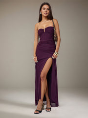 Grape Chiffon Off the Shoulder Sleeveless Asymmetrical Length Dress with High Slit