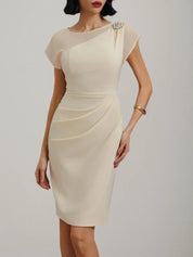 White Imitation Pearls Satin Boat Neck Cap Sleeve Sheath Midi Dress