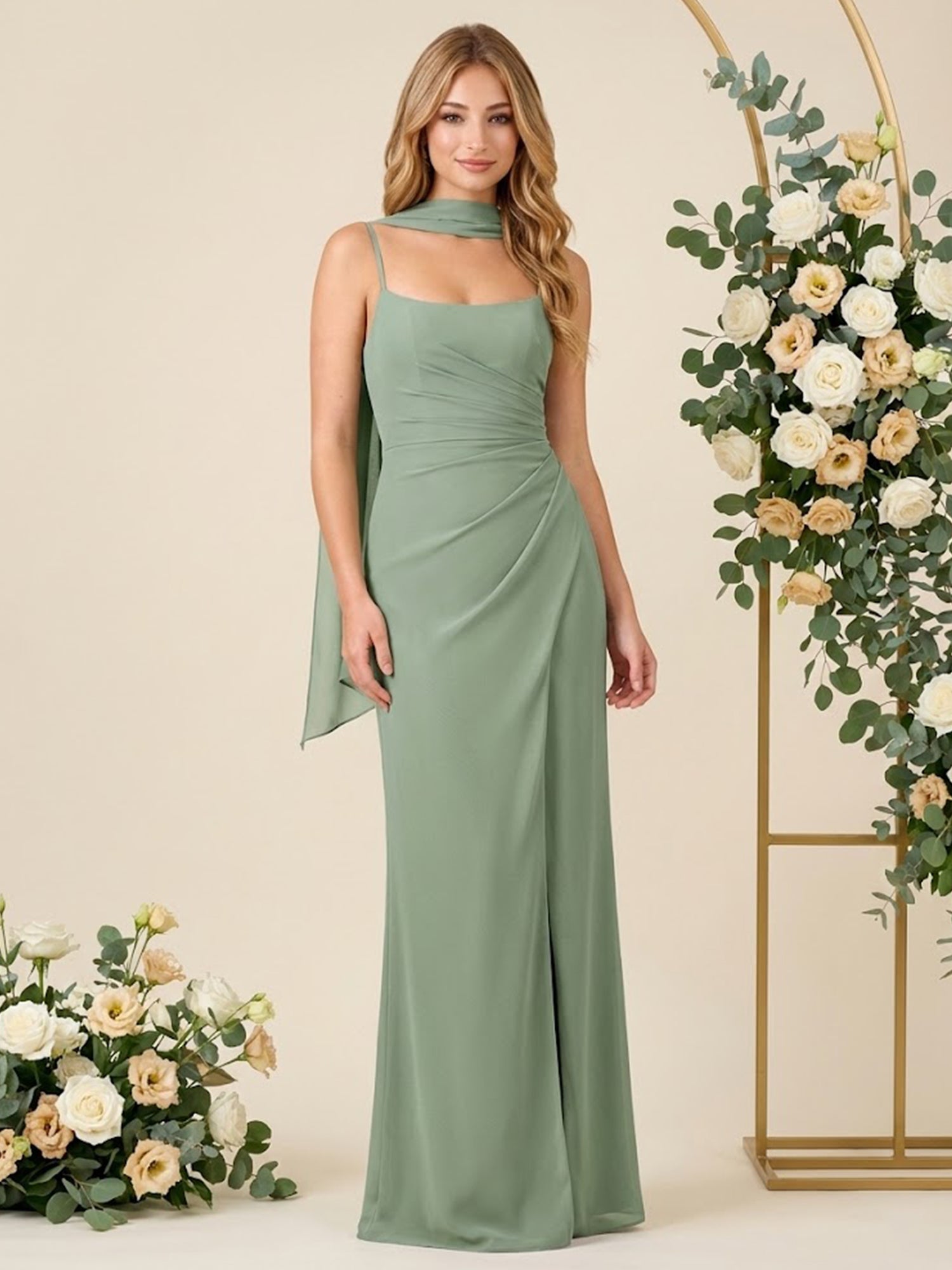Mermaid Chiffon Spaghetti Straps Scarf Long Bridesmaid Dresses with Slit