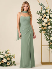 Mermaid Chiffon Spaghetti Straps Scarf Long Bridesmaid Dresses with Slit