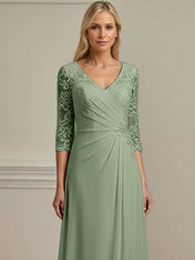 A-line V-Neck Floor-Length Lace Chiffon Mother of the Bride Dress With Pleated