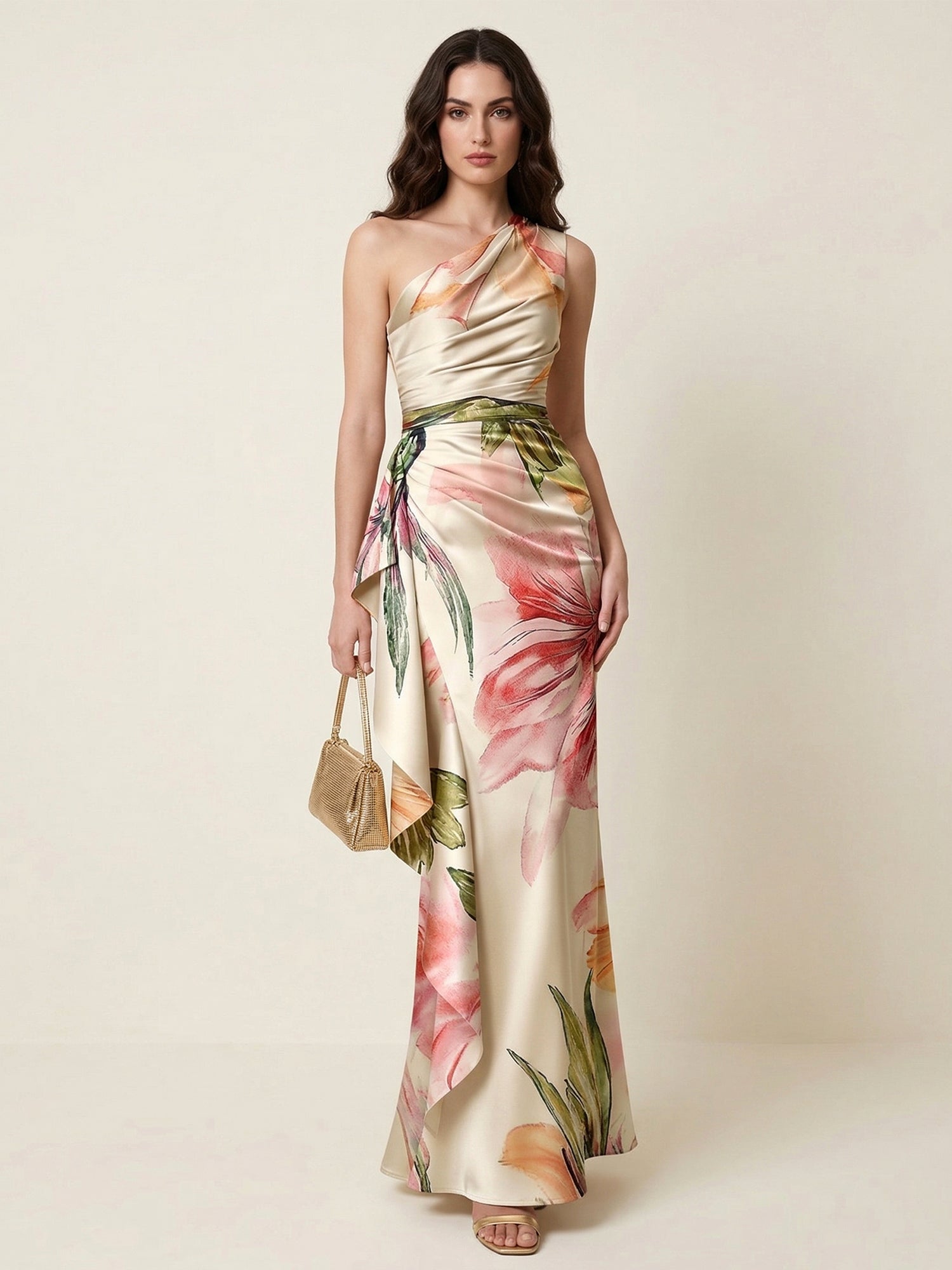 Ivory Floral Print One Shoulder Satin Maxi Dress