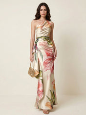 Ivory Floral Print One Shoulder Satin Maxi Dress