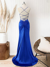 Red Mermaid Corset Spaghetti Straps Long Prom Dress with Appliques