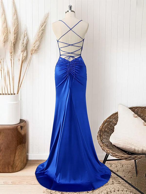 Red Mermaid Corset Spaghetti Straps Long Prom Dress with Appliques