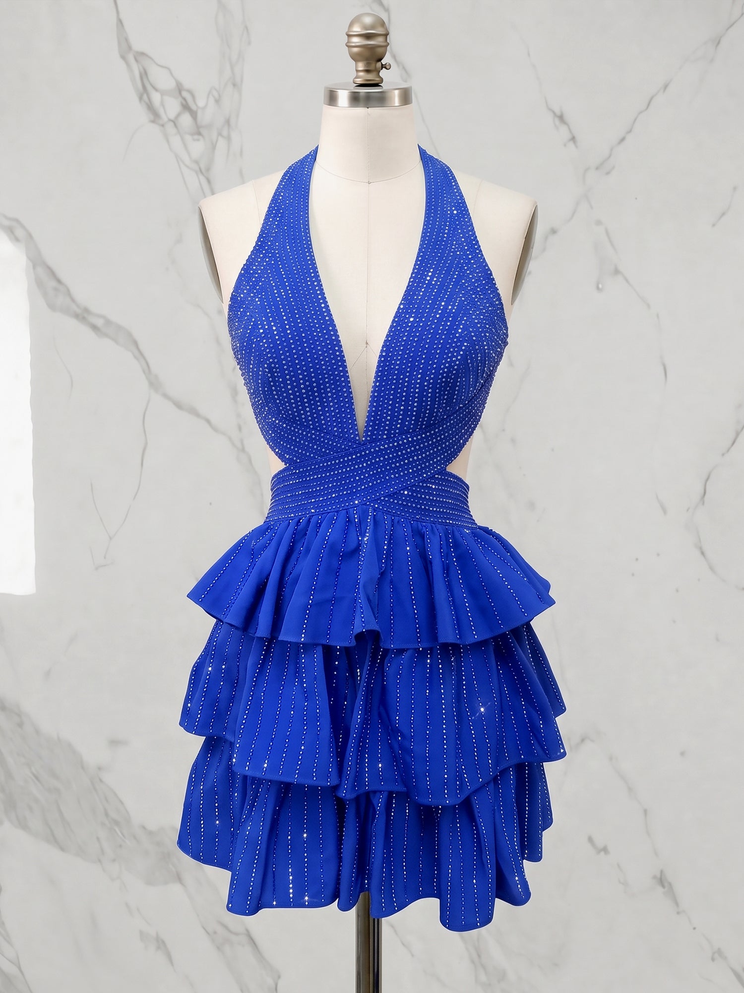 Black Halter Deep V-Neck Rhinestone Striped Tiered Ruffle Short Homecoming Dresses