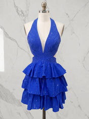 Black Halter Deep V-Neck Rhinestone Striped Tiered Ruffle Short Homecoming Dresses