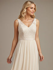 Dusty Blue A-line V Neck Floor-Length Lace Chiffon Mother of the Bride Dress