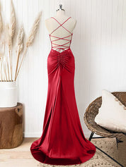 Red Mermaid Corset Spaghetti Straps Long Prom Dress with Appliques