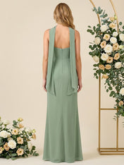 Mermaid Chiffon Spaghetti Straps Scarf Long Bridesmaid Dresses with Slit