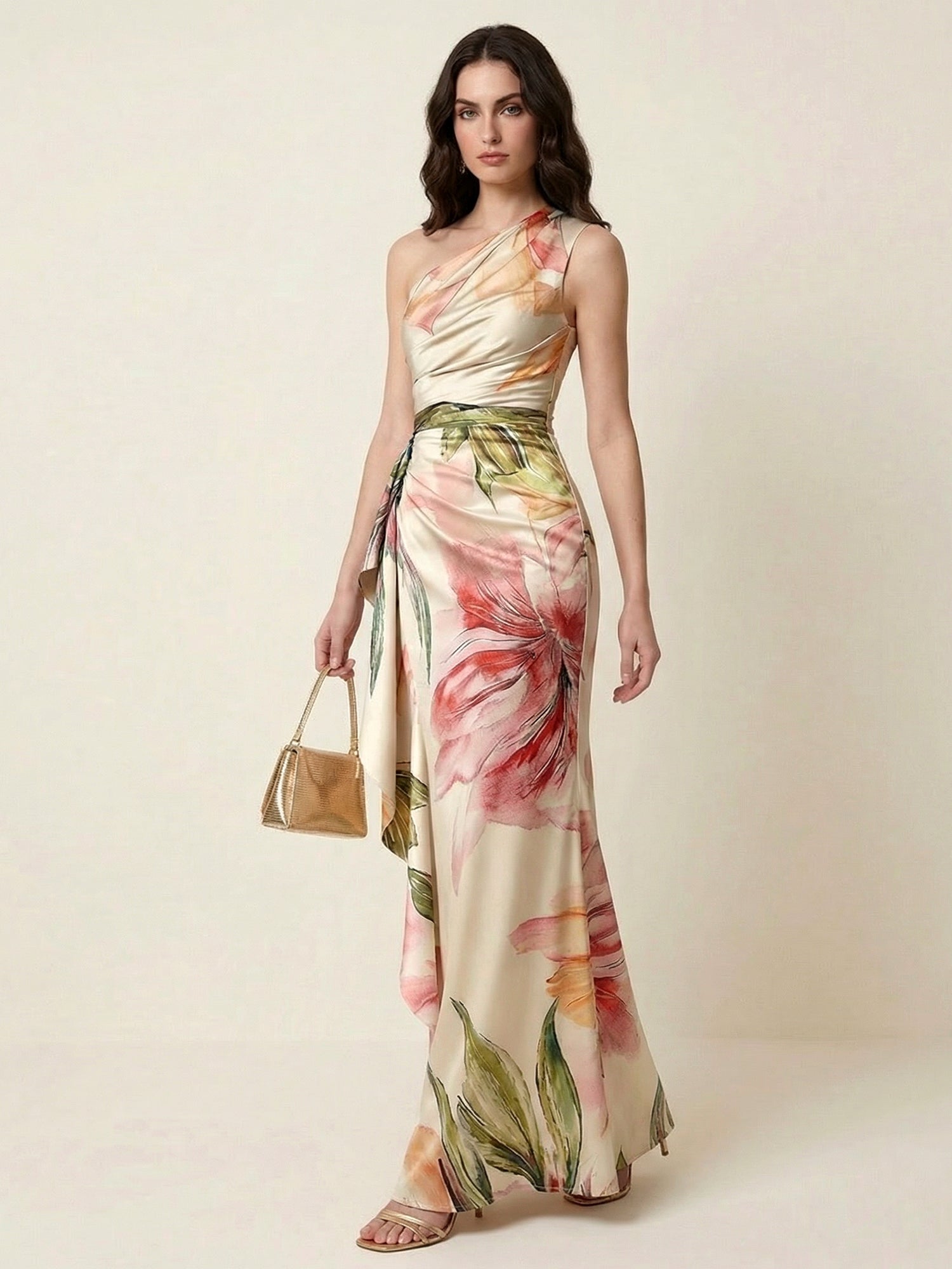 Ivory Floral Print One Shoulder Satin Maxi Dress